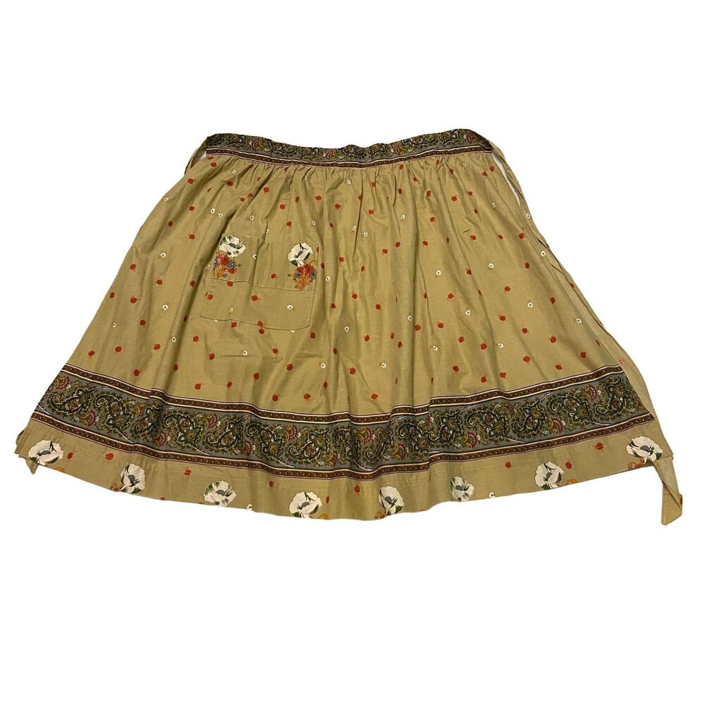 #5742 Womens Cotton Tan with Floral vintage Half Apron with Pockets